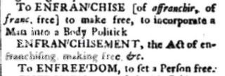 FREEDOMETYMOLOGICALENGLISHDICTIONARYenfranchise1689A.jpg